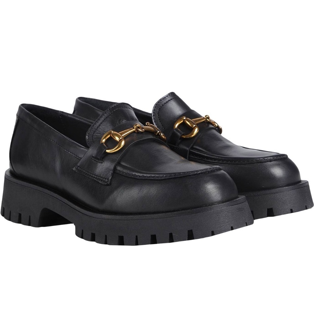 Bruno Premi Platform Black Leather Loafers Shoes Gold Buckle 41 10.5M